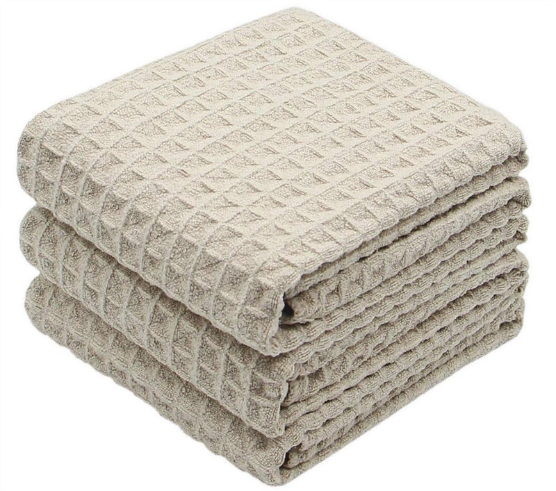 VeraSong Waffle Weave Absorbent Kitchen Dish Towels - Thick Microfiber 16Inch x 24Inch 3 Pack Khaki - Image 1